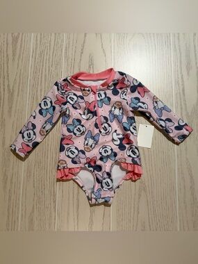 Disney Baby Minnie Daisy Rash Guard Swimsuit Pink‎ 6M Ruffle NWT